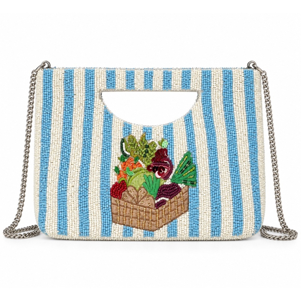 NWT Made in India Beaded Clutch Blue White Striped Vegetable Basket Convertible